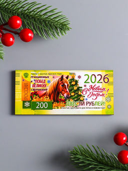 Набор магнитов на холодильник Новогодние банкноты с лошадями 2026, 5 шт.