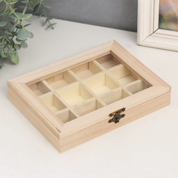 Шкатулка для росписи дерево «Прямоугольная со стеклянной вставкой», для творчества, декора, 12 отделений, 3.5×19×15 см