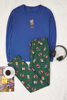 Indigo -Zumrut Yesili Regular Fit Ay?c?k Bask?l? Orme Pijama Tak?m? TMNAW25PT00044
