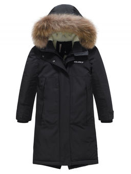 Парка зимняя подростковая для девочки с капюшоном и мехом черного цвета 9536Ch