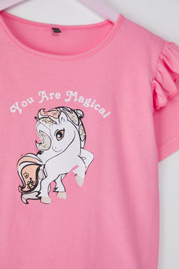 Sar? K?z Cocuk %100 Pamuk Flamingo Bask?l? K?sa Kol Orme T-Shirt TKDSS25TS00061 - Trendyolmilla фото 2