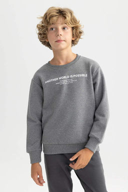 Толстый свитшот с принтом для мальчиков с круглым вырезом - Defacto фото 3