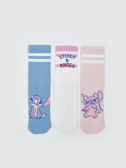 Stitch ve Angel Desenli K?z ?ocuk Soket ?orap 3l?