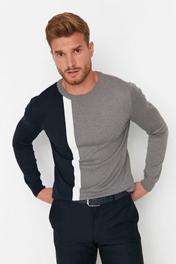 Lacivert Slim Fit Pamuklu Bisiklet Yaka Renk Bloklu Triko Kazak TMNAW21KZ0566