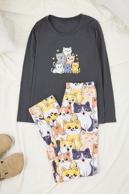 Antrasit Kedi Desenli Pamuklu Likral? Yumusak Tuse Orme Pijama Tak?m? THMAW26PT00167