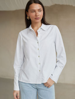 Блузка свободного силуэта в тонкую полоску из эластичного хлопка с добавлением льна - Vilatte фото 6