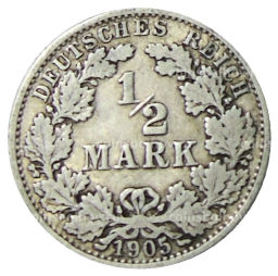 Монета 1/2 марки 1905 года A Германия