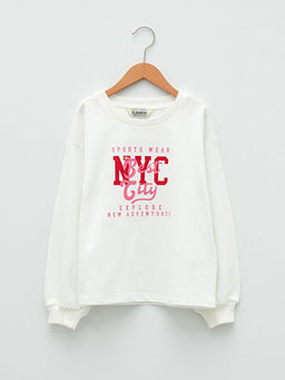 Bisiklet Yaka Bask?l? Uzun Kollu K?z ?ocuk Sweatshirt