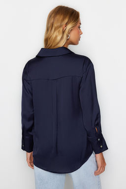 Lacivert Oversize/Genis Kal?p Saten Dokuma Gomlek TWOAW24GO00211