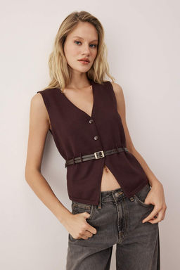 Limited Edition Kahverengi Premium Iplik/Ozel Iplik Triko Yelek TWOAW26YE00033