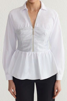 Beyaz Parlak Tas Bask?l? Fermuarl? Poplin Dokuma Gomlek TPRSS25GO00001 - Trendyolmilla фото 3