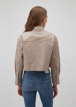 Cizgili Bej Crop Gomlek