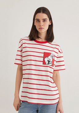 Bugs Bunny Bask?l? Cizgili K?rm?z? Tisort - Mavi фото 2