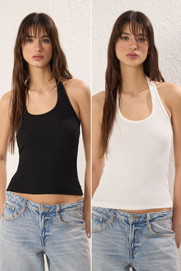 TRENDYOLMILLA Antrasit-Bordo 2li Paket Havuz Yaka Vucuda Oturan Fitlli Esnek Orme Atlet TWOSS25AL00049  фото 8