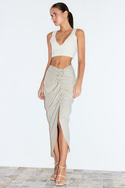 TRENDYOLMILLA Bej Buzgu Detayl? Pamuk Keten Kar?s?ml? Midi Boy Dokuma Etek TWOSS24ET00070  фото 3