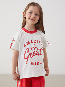 Bisiklet Yaka Yaz? Bask?l? K?z ?ocuk Ti??rt