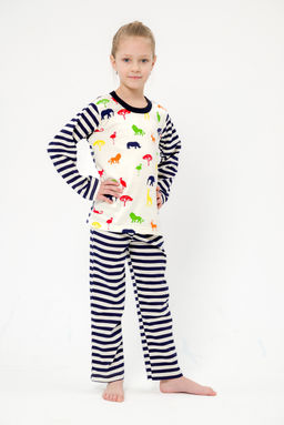 Пижама детская из джемпера и брюк без манжет из интерлока Сафари темно-синий полоса - Амадэль фото 23