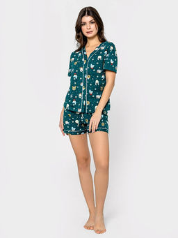 Комплект женский (джемпер, шорты) зеленый с принтом зверята