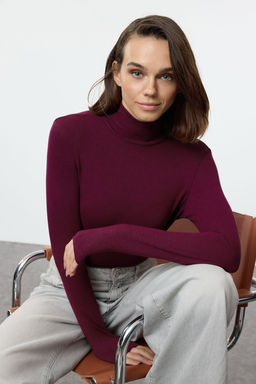 Bordo Premium Yumusak Kumasl? Bal?kc? Yaka Fitted/Vucuda Oturan Esnek Orme Bluz TWOAW24BZ00119
