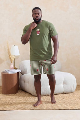 B_y_k Beden Haki Regular Kesim _izgili Ay_c_k Desenli _rme Pijama Tak_m_ TMNSS26AI00004