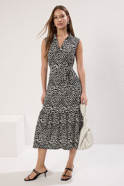 TRENDYOLMILLA Siyah Geometrik Bask?l? S?f?r Kol V Yaka Etegi F?rf?rl? Midi Orme Elbise TWOSS25EL00703  фото 2