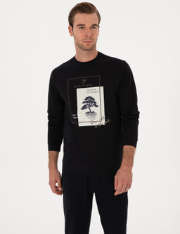 Lacivert Regular Fit Bisiklet Yaka Bask_l_ Sweatshirt