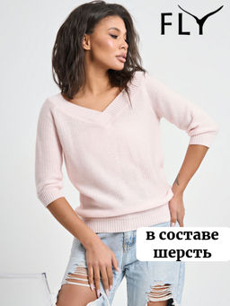 Пуловер вязаный короткий с v-вырезом в составе шерсть