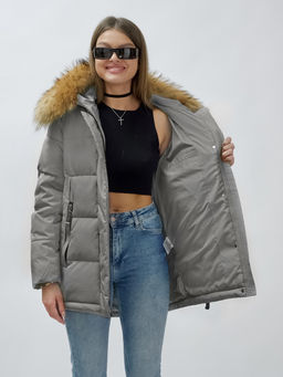 Куртка женская зимняя с мехом енот премиум класса серого цвета 3215Sr - Visdeer фото 8