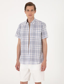 Lacivert Regular Fit K_sa Kollu Ekose G_mlek