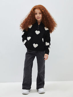 Yar?m Bal?k?? Yaka Desenli Uzun Kollu K?z ?ocuk Triko Kazak