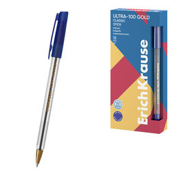 Цена за 2 шт. Ручка шар. ErichKrause "Ultra-100 Gold Stick Classic" (65414) синяя, 0.5мм, прозрачный корпус