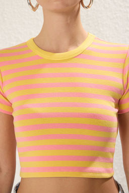 Trendyolmilla Premium Tas Ekru Cizgili Viskoz/Yumusak Kumas Crop Bisiklet Yaka Esnek Orme Bluz TWOSS23BZ00198 фото 20