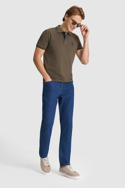 Erkek Koyu Haki Slim Fit Polo Yaka Basic Ti__rt