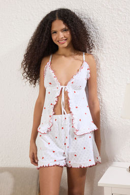 Trendyolmilla Beyaz Kalpli Baglamal? ve F?rf?rl? Pointel Ajurlu/Delikli Sortlu Orme Pijama Tak?m? THMSS25PT00420 фото 2