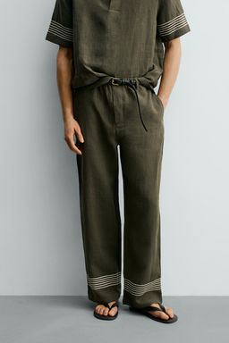 PANTAL?N RELAXED FIT 100% LINO / Khaki oscuro