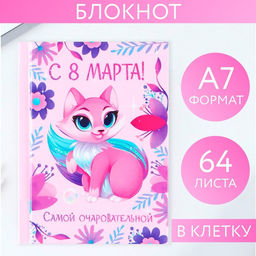 Блокнот в твердой обложке А7, 64 л С 8 Марта САМОЙ ОЧАРОВАТЕЛЬНОЙ