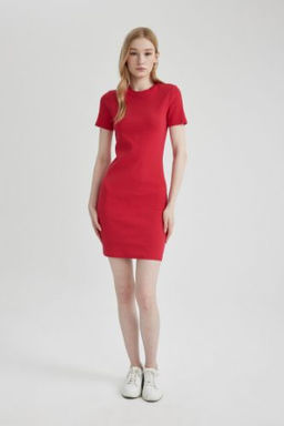 Coool Bodycon Vucudu Saran Bisiklet Yaka Fitilli Kaskorse K?sa Kollu Mini Elbise