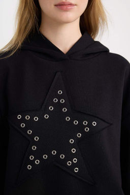 Женский черный крутой толстый свитшот оверсайз широкого кроя со звездами - Defacto фото 5