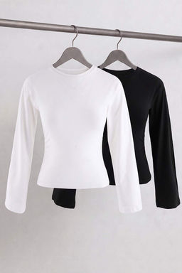 Siyah-Ekru 2li Paket D_z Fitted Bisiklet Yaka B_zg_l_ Pamuklu _rme Bluz TWOAW27BZ00047