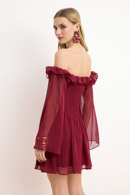 TRENDYOLMILLA Bridal Ekru A-Kesim Astarl? Volanl? Dokuma Sifon K?sa Dugun/Nikah S?k Abiye Elbise TPRSS23EL00096 фото 61