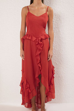 Trendyolmilla Kiremit Midi Dokuma Volanl? 100% Pamuk Plaj Elbise TBESS25EL00055  фото 3
