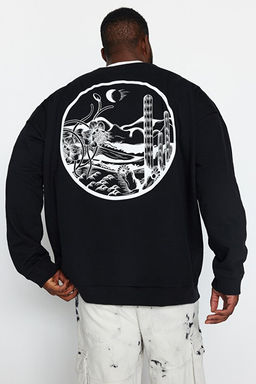 Siyah B_y_k Beden Bisiklet Yaka Oversize/Geni_ Kesim S_rt Bask_ __i Polar Sweatshirt TMNAW24AO00004
