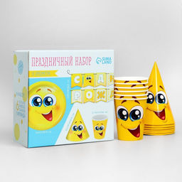 Набор бумажной посуды Смайлы с улыбкой, 6 тарелок , 1 гирлянда , 6 стаканов, 6 колпаков - Страна карнавалия фото 3