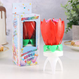 Цена за 2шт. Свеча для торта музыкальная Тюльпан, крутящаяся, красная, 14.5?6 см