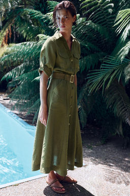 VESTIDO MIDI CAMISERO CINTUR?N / Khaki