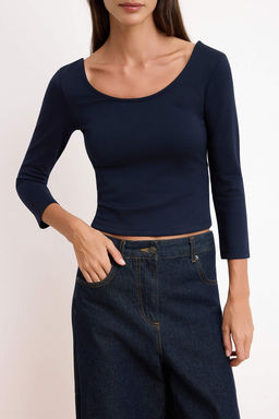 Lacivert Fitted/Vucuda Oturan Havuz Yaka Ay Kol Truvakar Interlok Orme Bluz TWOSS26BZ00639 - Trendyolmilla фото 3