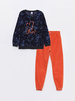 Bisiklet Yaka Bask?l? Uzun Kollu Polar K?z ?ocuk Pijama Tak?m?