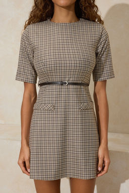 Bej Ekose/Kareli Kemer Detayl? k?sa/mini Dokuma Elbise TWOSS26EL00064 - Trendyolmilla фото 3