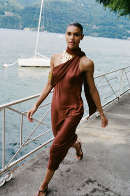 ASYMMETRIC MIDI DRESS WITH SCARF