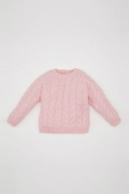 K?z Bebek Ac?k Pembe Bisiklet Yaka Orgu Desenli Triko Kazak